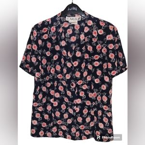 Sz 6 Vintage Carlisle Peppermint Candy Print Button Down Shirtsleeve Top in Navy